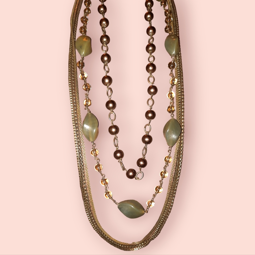 Talbots multistrand green beaded metal necklace signed classic elegant